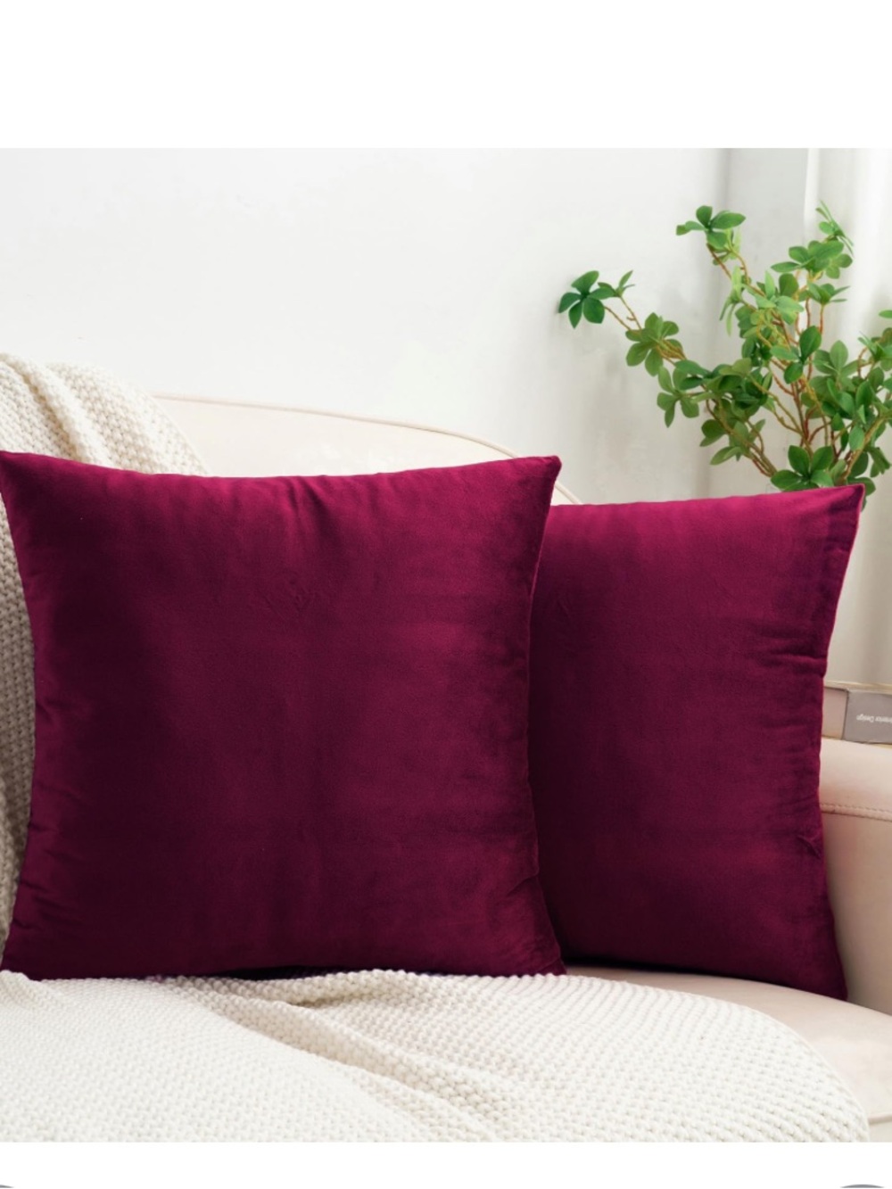 Wine Red Velvet Throw Pillow Covers SQUARE 20x20” (2-Pack)
